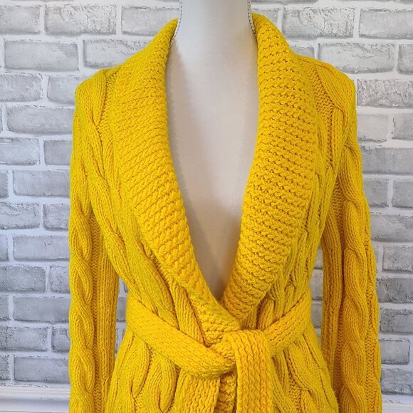 Vintage Handmade Yellow Crochet Cardigan Fisherman Cable Knit Belted Large - Picture 2 of 7